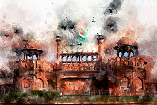 red fort India Digital Art Watercolor Painting Abstract by Photographer.